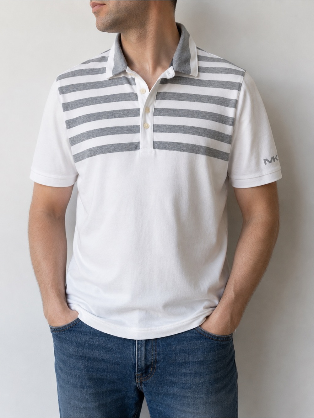 Michael Kors Men’s Large Striped Stretch Cotton Polo Shirt White Gray